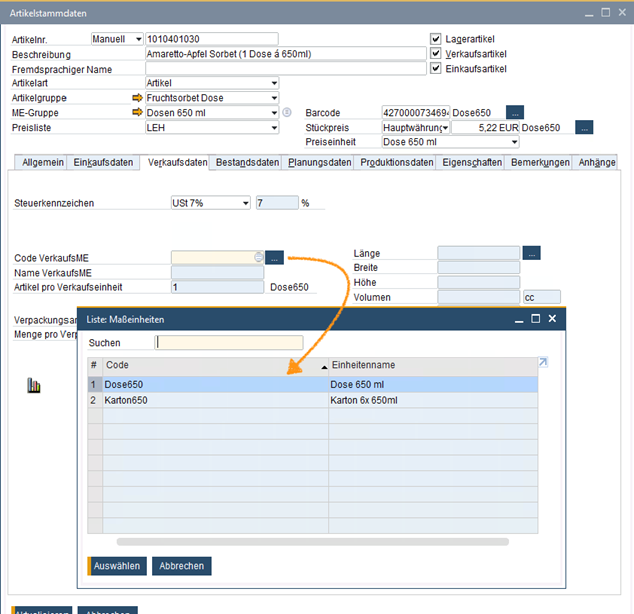Auswahlliste für VerkaufsME in SAP Business One